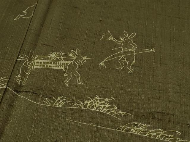 平和屋着物*極上 夏物 紗紬 鳥獣戯画 海松茶色地 逸品 DZAB4052kh6