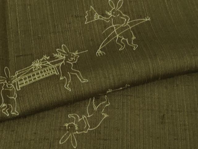 平和屋着物*極上 夏物 紗紬 鳥獣戯画 海松茶色地 逸品 DZAB4052kh6