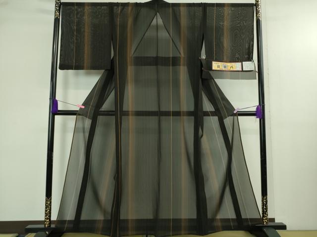平和屋本店*希少 夏物 本場黄八丈 夏黄八 黒八丈 伝統工芸士 西條吉広 紗紬 縞 証紙付き 逸品 未使用 DZAB4098kh6