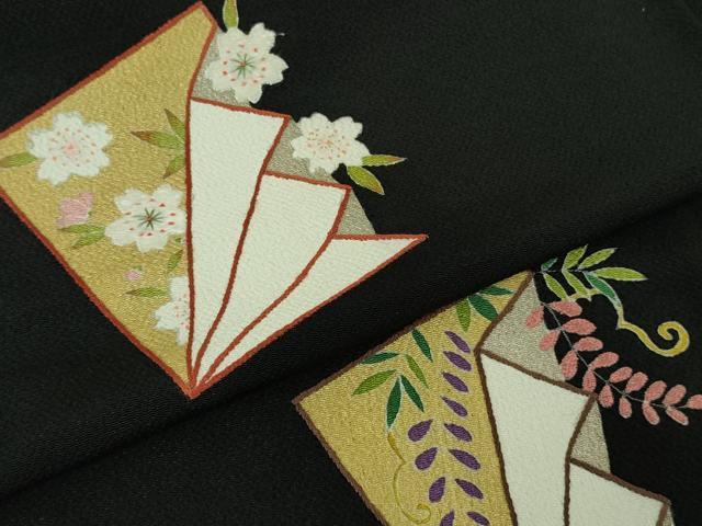 平和屋着物●極上 人形作家・ホリヒロシ 訪問着 刺繍 四季花文 黒地 鬼しぼ縮緬 逸品 DZAB4141kh6