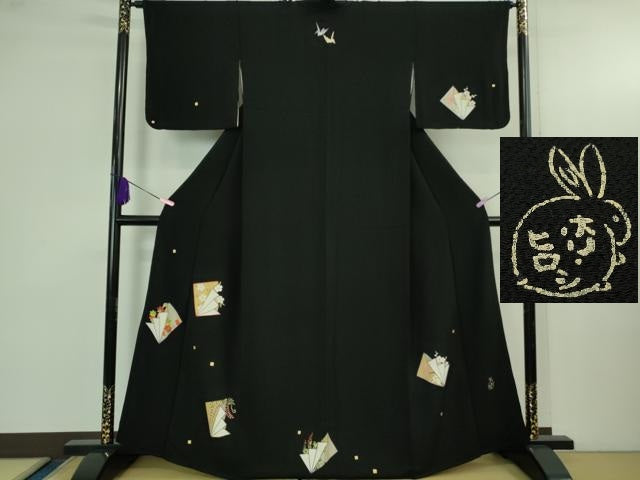 平和屋着物●極上 人形作家・ホリヒロシ 訪問着 刺繍 四季花文 黒地 鬼しぼ縮緬 逸品 DZAB4141kh6