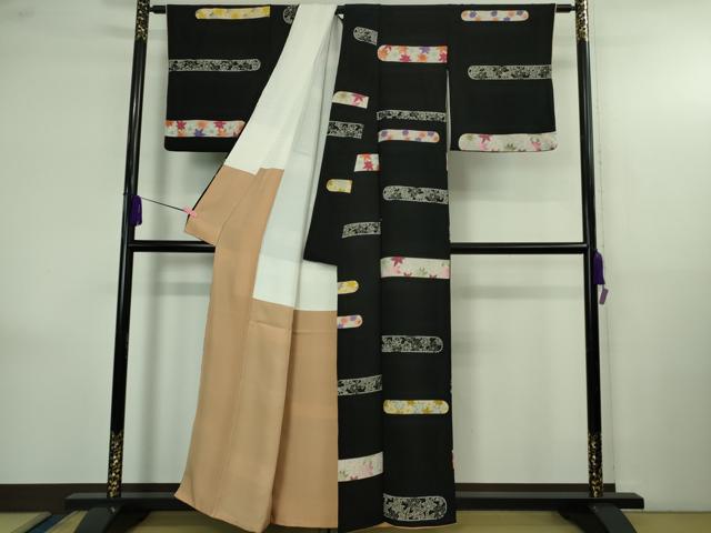 平和屋着物●極上 小紋 楓 黒地 鬼しぼ縮緬 金彩 逸品 DZAB4155kh6