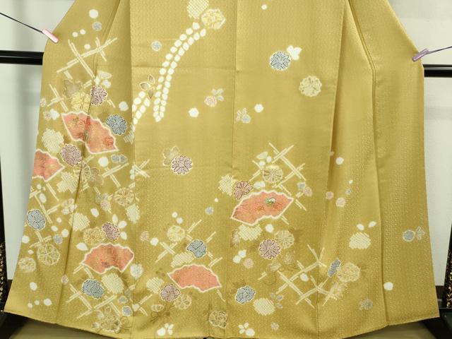 平和屋本店●極上 創業460年・千總 訪問着 駒刺繍 地紙花文 芥子色地 金彩 小田急百貨店扱い 逸品 DZAB4159kh6