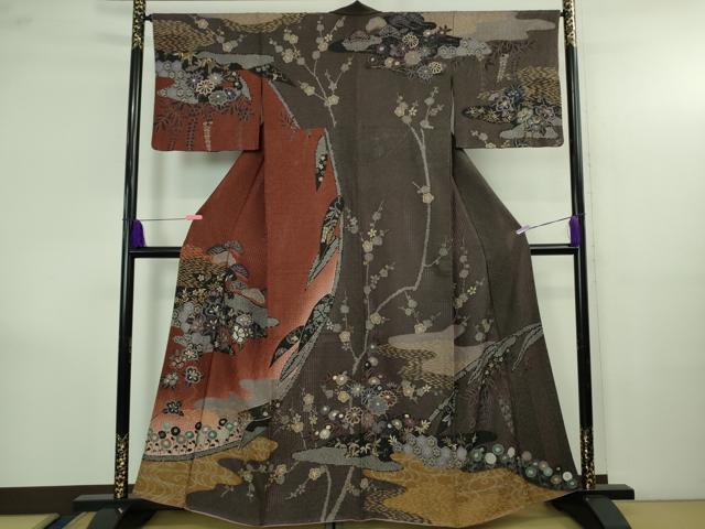 平和屋着物●極上 中国三大刺繍 スワトウ刺繍 汕頭刺繍 訪問着 草花文 暈し染め 金糸 金通し地 逸品 DZAB4165kh6