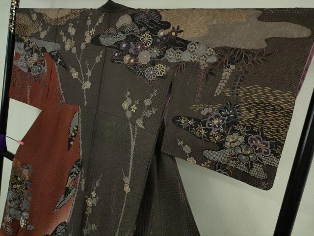 平和屋着物●極上 中国三大刺繍 スワトウ刺繍 汕頭刺繍 訪問着 草花文 暈し染め 金糸 金通し地 逸品 DZAB4165kh6