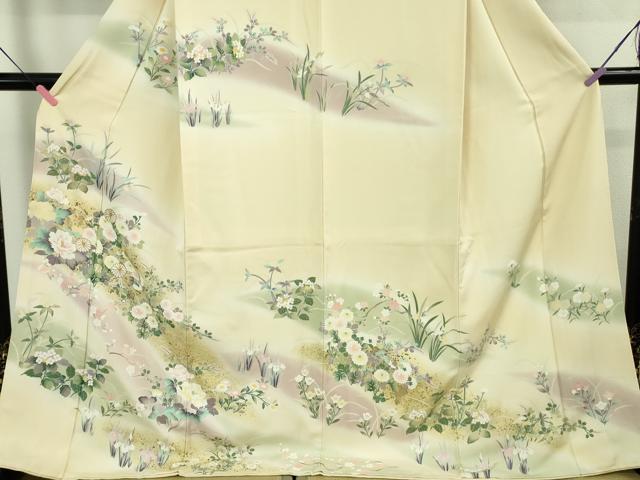 平和屋本店●極上 訪問着 刺繍 四季花文 鳥の子色地 暈し染め 金彩 ロング丈 逸品 DZAB4167kh6