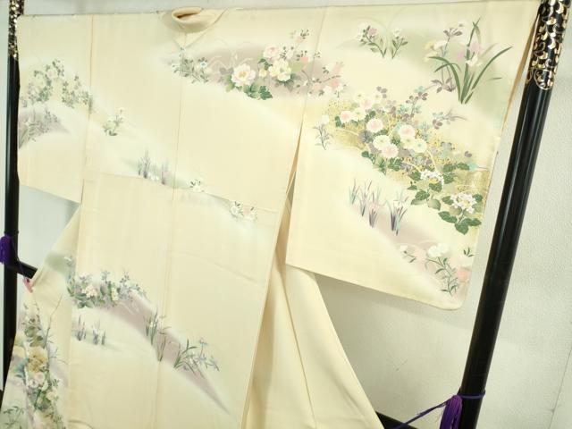 平和屋本店●極上 訪問着 刺繍 四季花文 鳥の子色地 暈し染め 金彩 ロング丈 逸品 DZAB4167kh6
