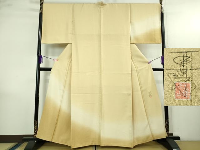 平和屋着物●極上 京加賀友禅 百貫石峰 訪問着 お召地 花唐草地紋 蜂蜜色地 暈し染め 逸品 DZAB4168kh6