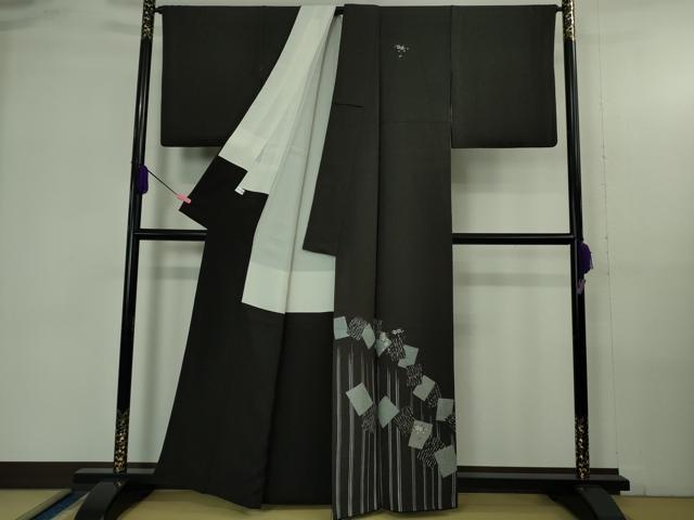 平和屋着物●極上 訪問着 色紙重ね花文 雪輪地紋 紫黒色地 金彩 逸品 DZAB4171kh6