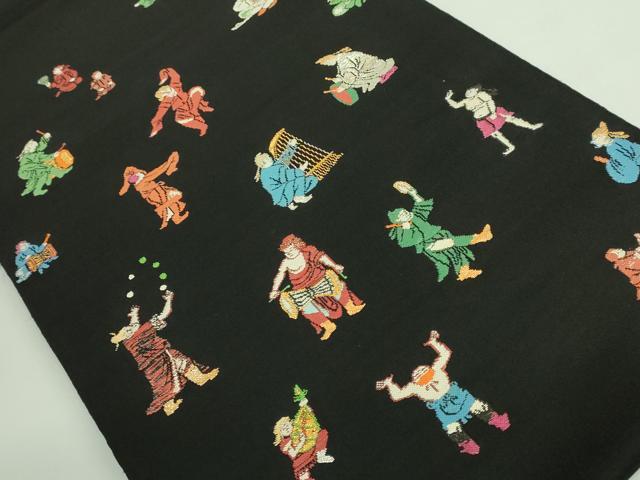 平和屋本店●最高級 龍村平蔵製 太鼓柄 本袋帯 弾弓胡舞文 黒地 金銀糸 逸品 DZAB4212kh6