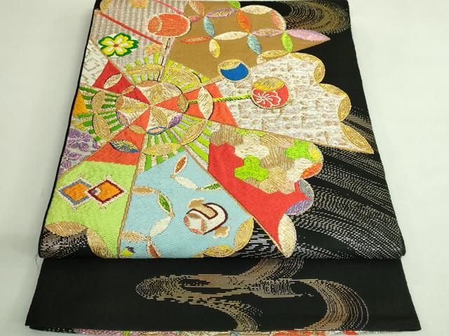 平和屋本店●最高級 龍村平蔵製 太鼓柄 本袋帯 来広車 黒地 金銀糸 逸品 DZAB4226kh6