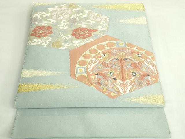 平和屋着物●極上 爪掻き本綴れ 八寸名古屋帯 狩猟文 花唐草 秘色色地 金糸 逸品 DZAB4231kh6