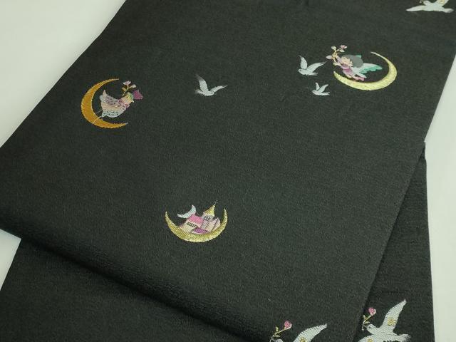 平和屋着物●極上 九寸名古屋帯 妖精 鳩 リス お城 メルヘン 黒地 逸品 DZAB4234kh6