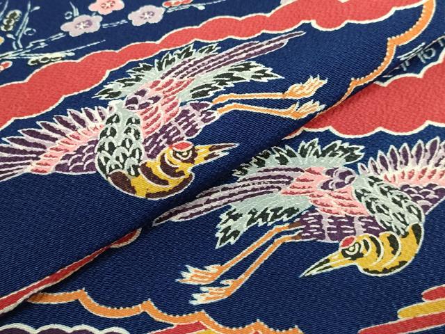 平和屋本店●極上 浦野理一 型染 九寸名古屋帯 雲取り飛鶴文 松竹梅 紺色地 鬼しぼ縮緬 逸品 DZAB4244kh6