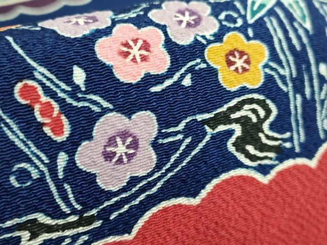 平和屋本店●極上 浦野理一 型染 九寸名古屋帯 雲取り飛鶴文 松竹梅 紺色地 鬼しぼ縮緬 逸品 DZAB4244kh6