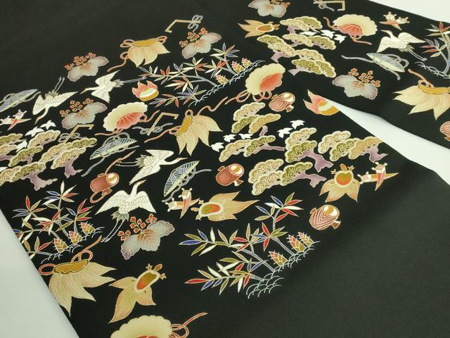 平和屋本店●極上 九寸名古屋帯 刺繍 宝尽くし 鶴 蓑亀 黒地 金糸 逸品 DZAB4246kh6