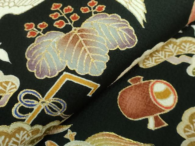 平和屋本店●極上 九寸名古屋帯 刺繍 宝尽くし 鶴 蓑亀 黒地 金糸 逸品 DZAB4246kh6