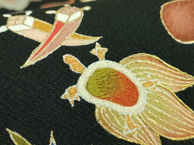 平和屋本店●極上 九寸名古屋帯 刺繍 宝尽くし 鶴 蓑亀 黒地 金糸 逸品 DZAB4246kh6