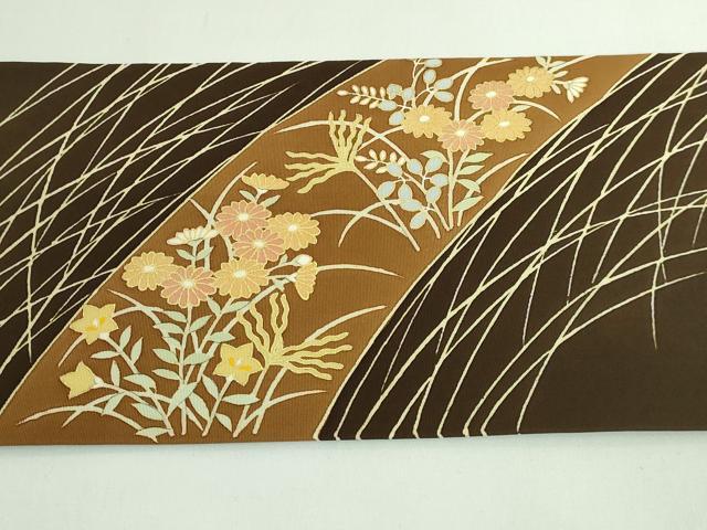 平和屋着物●極上 塩瀬 九寸名古屋帯 刺繍 四季花 憲法黒茶色地 金糸 逸品 DZAB4249kh6