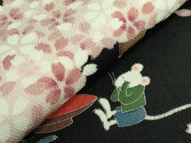 平和屋本店●極上 名門染元 秀美 十日町友禅 九寸名古屋帯 桜 ネズミ 花見 黒地 鬼しぼ縮緬 逸品 DZAB4253kh6