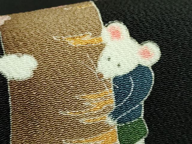 平和屋本店●極上 名門染元 秀美 十日町友禅 九寸名古屋帯 桜 ネズミ 花見 黒地 鬼しぼ縮緬 逸品 DZAB4253kh6