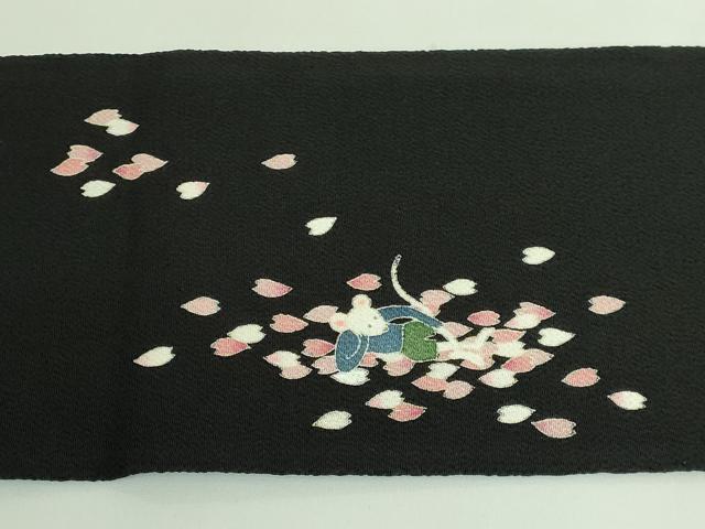 平和屋本店●極上 名門染元 秀美 十日町友禅 九寸名古屋帯 桜 ネズミ 花見 黒地 鬼しぼ縮緬 逸品 DZAB4253kh6