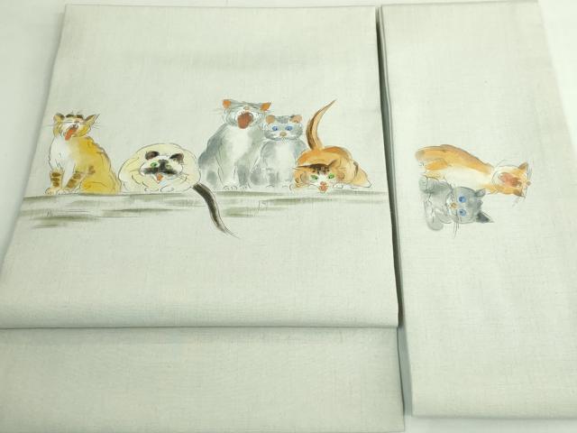 平和屋着物●極上 つけ帯 手描き 紬地 猫 絹鼠色地 逸品 DZAB4263kh6