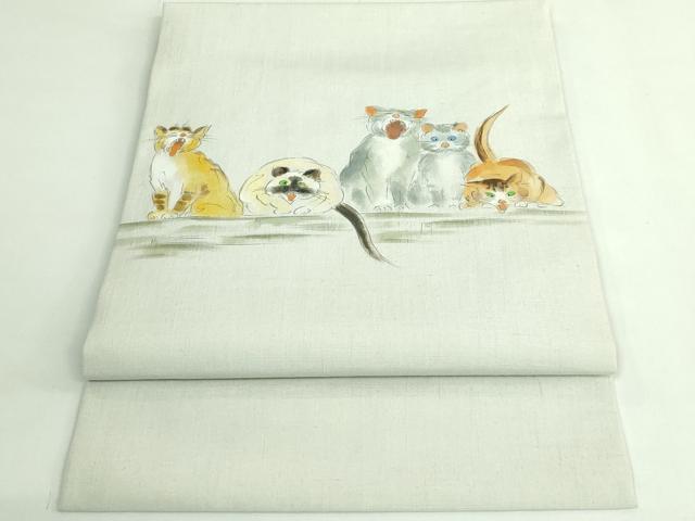 平和屋着物●極上 つけ帯 手描き 紬地 猫 絹鼠色地 逸品 DZAB4263kh6