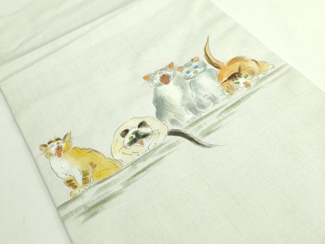 平和屋着物●極上 つけ帯 手描き 紬地 猫 絹鼠色地 逸品 DZAB4263kh6