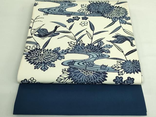 平和屋着物●極上 塩瀬 九寸開き名古屋帯 型染め 藍 流水花鳥文 逸品 DZAB4271kh6