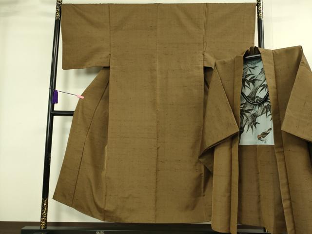 平和屋着物●極上 男性 紬 アンサンブル 長羽織 濃い香染色 羽裏・笹竹 逸品 DZAB4302kh6