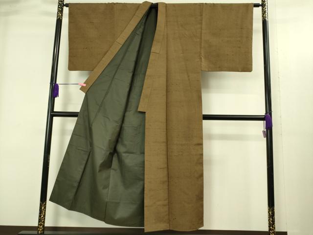 平和屋着物●極上 男性 紬 アンサンブル 長羽織 濃い香染色 羽裏・笹竹 逸品 DZAB4302kh6