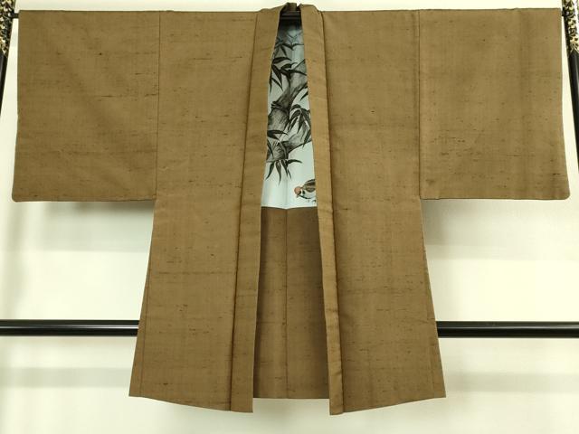 平和屋着物●極上 男性 紬 アンサンブル 長羽織 濃い香染色 羽裏・笹竹 逸品 DZAB4302kh6