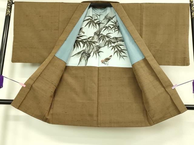 平和屋着物●極上 男性 紬 アンサンブル 長羽織 濃い香染色 羽裏・笹竹 逸品 DZAB4302kh6