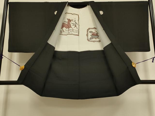 平和屋着物●極上 男性 黒紋付 羽織セット 羽裏:鹿・栗 逸品 DZAB4319kh6