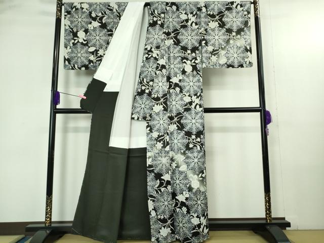 平和屋本店●極上 小紋 正倉院花唐草文 暈し染め 黒地 銀彩 逸品 未使用 DZAB4329kh6