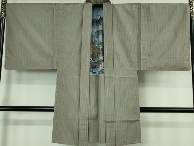 平和屋着物∞極上 男性 長羽織 本場縞大島紬 キングサイズ 江戸鼠色 羽裏・水車小屋 逸品 未使用 DZAB4341kh6