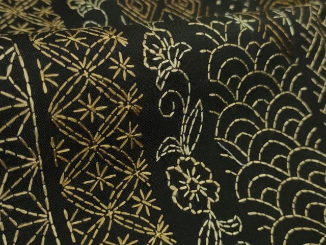 平和屋本店●極上 本場大島紬 刺し子 総刺繍 名物裂 黒地 逸品 DZAB4351kh6