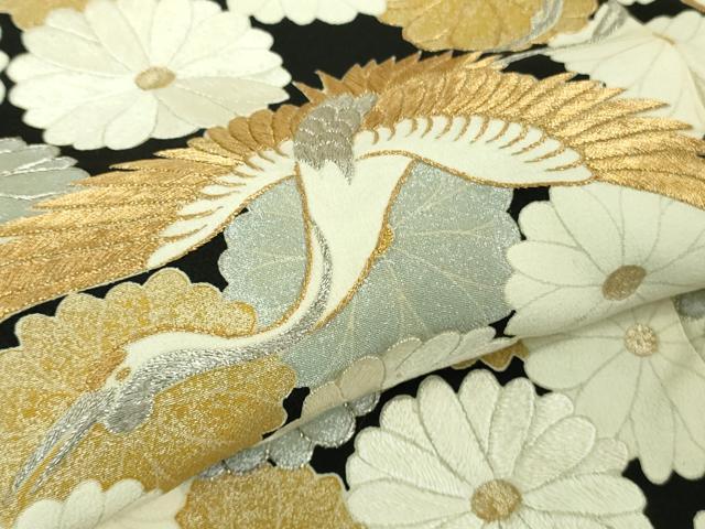 平和屋本店●極上 振袖 刺繍 飛鶴吉祥菊花松紋 黒地 金銀糸 逸品 DZAB4352kh6
