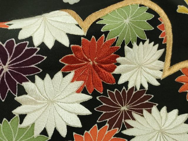 平和屋本店●極上 振袖 刺繍 飛鶴吉祥菊花松紋 黒地 金銀糸 逸品 DZAB4352kh6