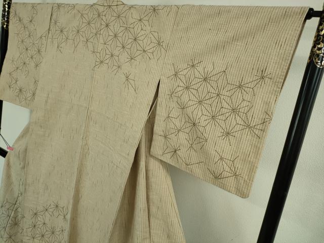 平和屋着物▽極上 訪問着 紬 単衣 刺し子 刺繍 麻の葉 逸品 DZAB4356kh6