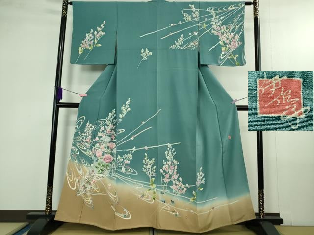 平和屋本店●極上 本加賀友禅作家 吉村伊佳子 訪問着 花束 枝花 暈し染め 錆御納戸色地 逸品 未使用 DZAB4358kh6
