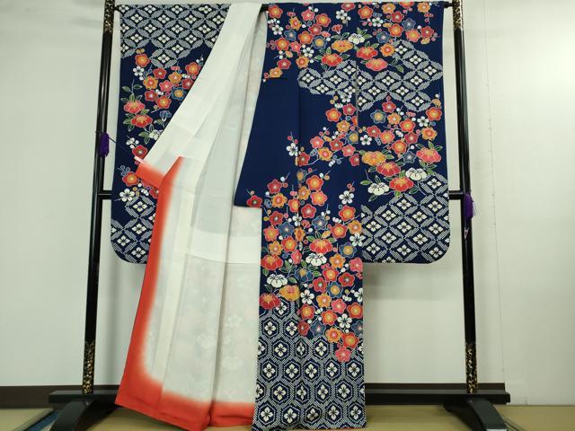 平和屋本店●極上 和染紅型 栗山紅型 栗山吉三郎 振袖 椿 梅 鉄紺色地 鬼しぼ縮緬 逸品 DZAB4366kh6