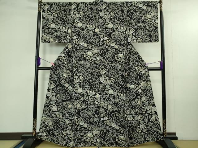 平和屋着物●極上 小紋 草花文 黒地 金彩 伊勢丹扱い 逸品 未使用 DZAB4367kh6