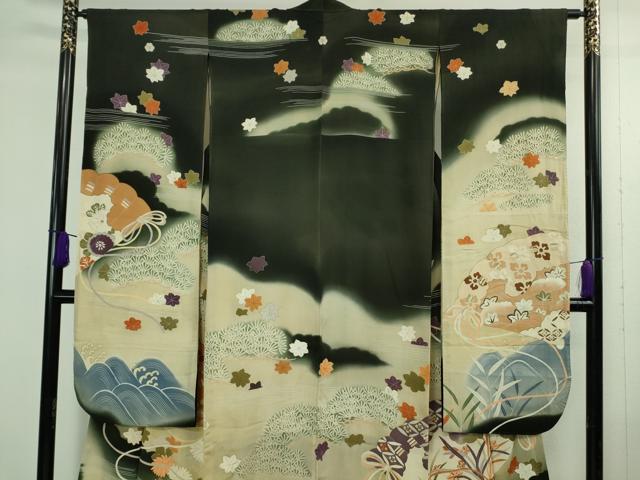 平和屋本店●極上 アンティーク 大正ロマン 振袖 刺繍 檜扇御所車花楓文 暈し染め 黒地 金彩 逸品 DZAB4370kh6