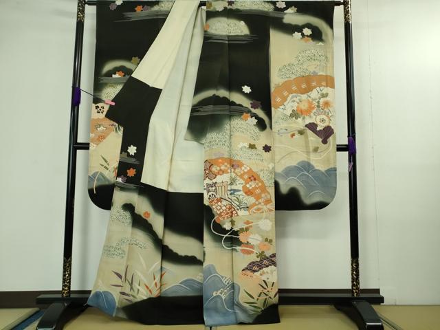 平和屋本店●極上 アンティーク 大正ロマン 振袖 刺繍 檜扇御所車花楓文 暈し染め 黒地 金彩 逸品 DZAB4370kh6
