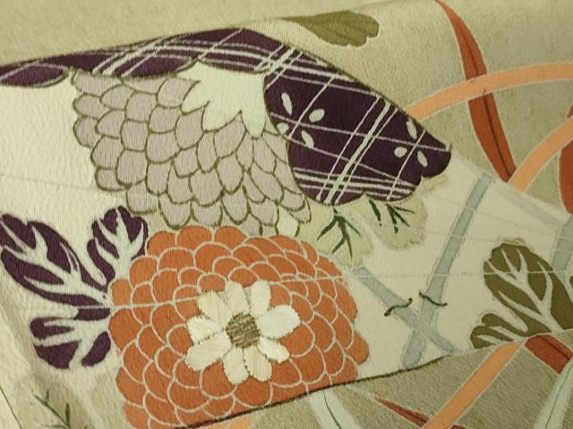 平和屋本店●極上 アンティーク 大正ロマン 振袖 刺繍 檜扇御所車花楓文 暈し染め 黒地 金彩 逸品 DZAB4370kh6