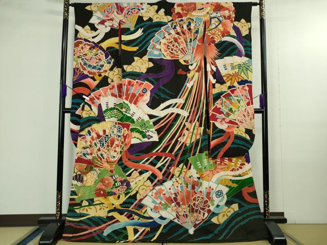 平和屋本店●極上 アンティーク 大正ロマン 振袖 駒刺繍 檜扇花薬玉文 黒地 金彩 逸品 DZAB4372kh6