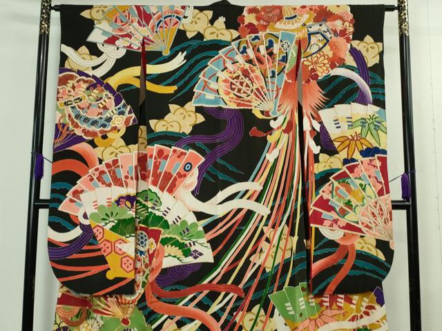 平和屋本店●極上 アンティーク 大正ロマン 振袖 駒刺繍 檜扇花薬玉文 黒地 金彩 逸品 DZAB4372kh6