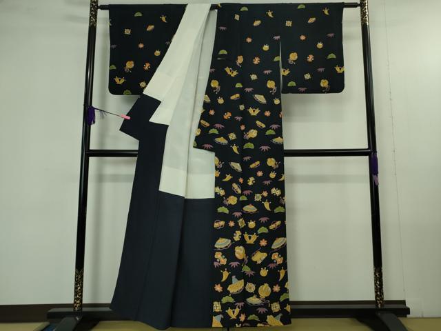 平和屋着物●極上 訪問着 手描き 宝尽くし 黒地 鬼しぼ縮緬 逸品 DZAB4384kh6